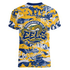 Parramatta Eels Rugby Women V-Neck T-Shirt Graffiti Typography Urban Camo Abstract Street Style