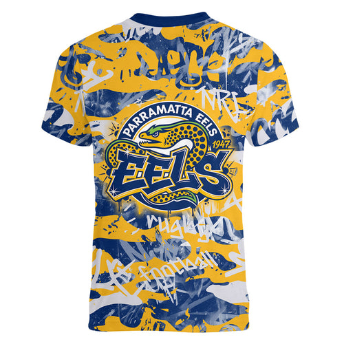 Parramatta Eels Rugby Women V-Neck T-Shirt Graffiti Typography Urban Camo Abstract Street Style