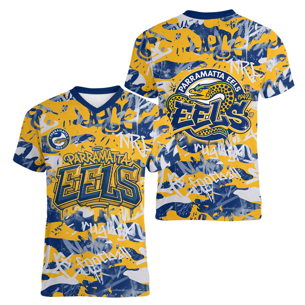 Parramatta Eels Rugby Women V-Neck T-Shirt Graffiti Typography Urban Camo Abstract Street Style