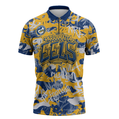 Parramatta Eels Rugby Zipper Polo Shirt Graffiti Typography Urban Camo Abstract Street Style