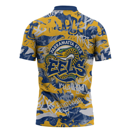 Parramatta Eels Rugby Zipper Polo Shirt Graffiti Typography Urban Camo Abstract Street Style