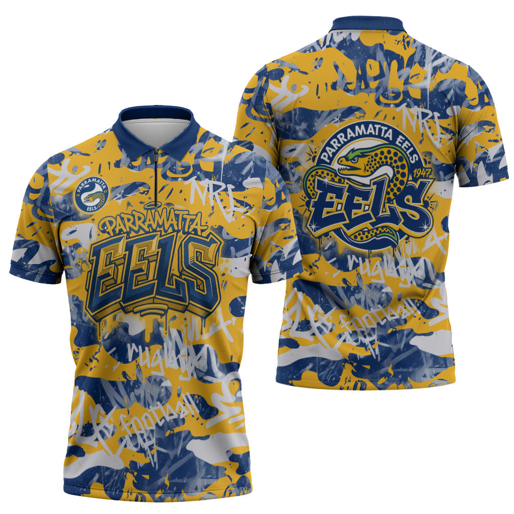 Parramatta Eels Rugby Zipper Polo Shirt Graffiti Typography Urban Camo Abstract Street Style
