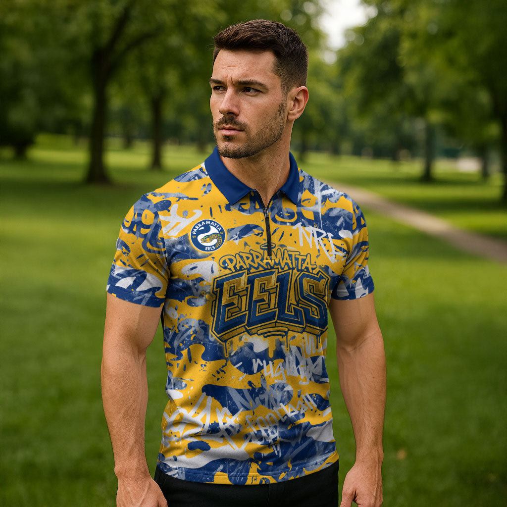 Parramatta Eels Rugby Zipper Polo Shirt Graffiti Typography Urban Camo Abstract Street Style