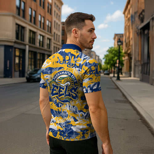 Parramatta Eels Rugby Zipper Polo Shirt Graffiti Typography Urban Camo Abstract Street Style