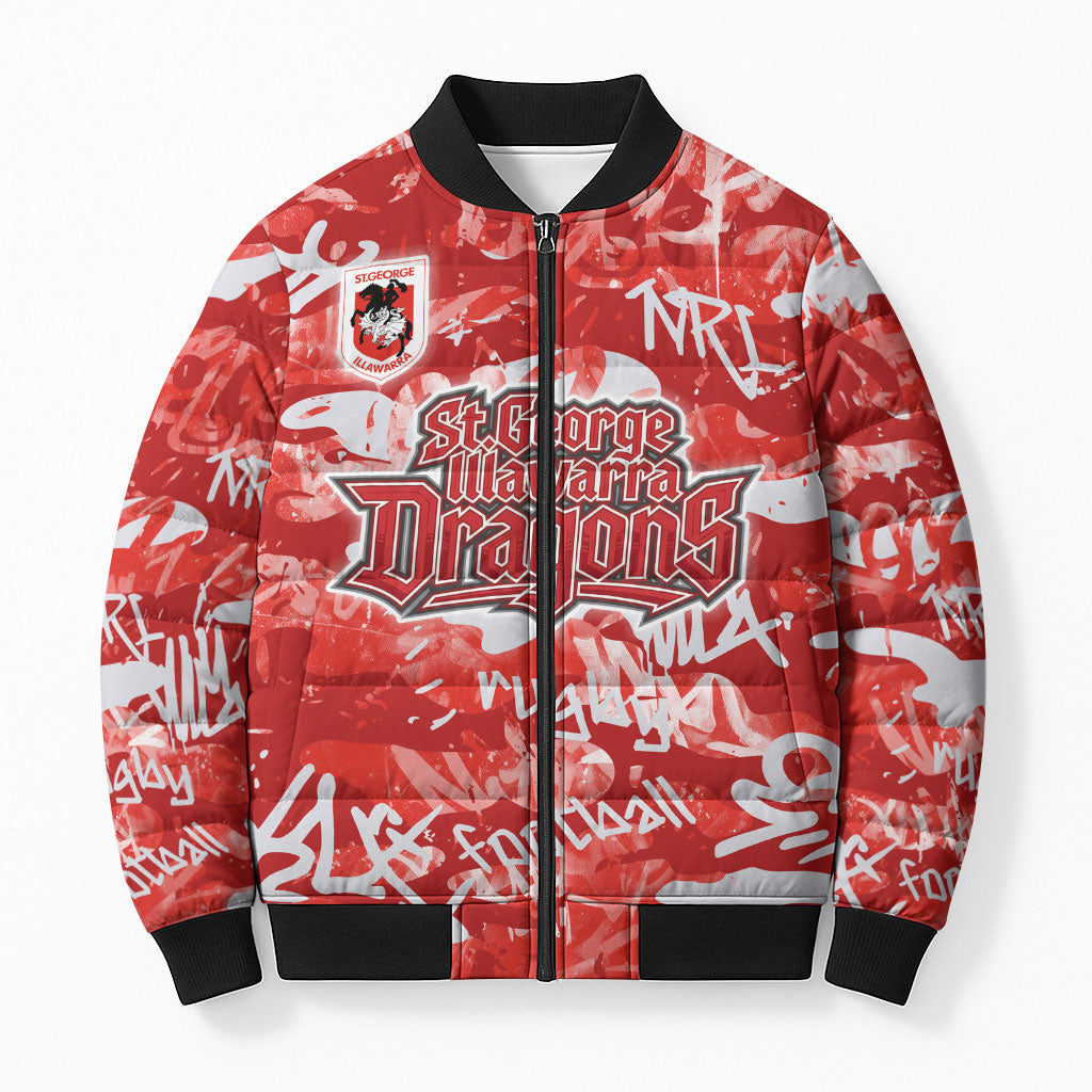 St. George Illawarra Dragons Rugby Bomber Puffer Jacket Graffiti Typography Urban Camo Abstract Street Style