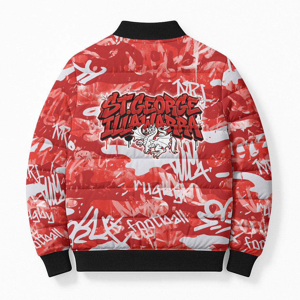 St. George Illawarra Dragons Rugby Bomber Puffer Jacket Graffiti Typography Urban Camo Abstract Street Style