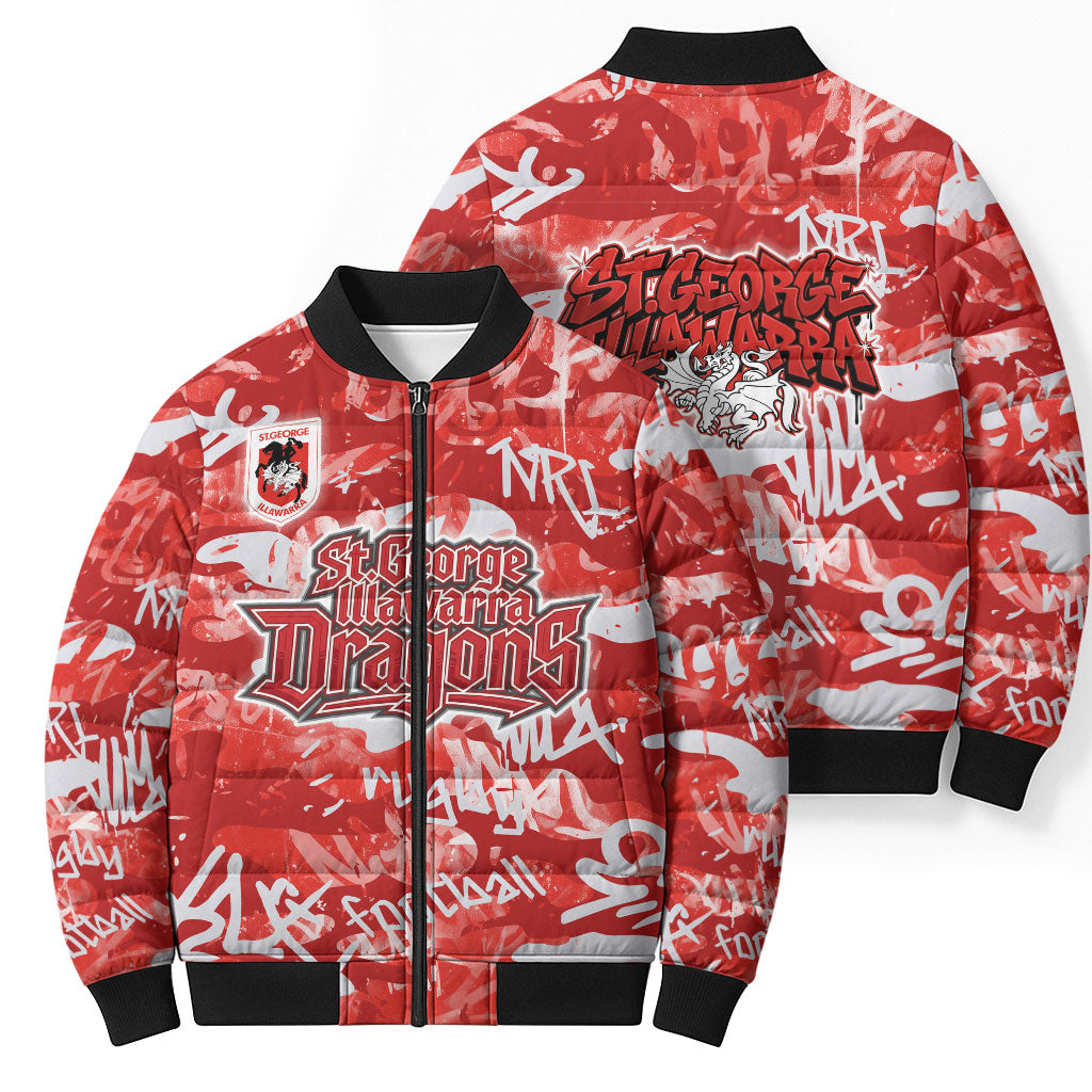St. George Illawarra Dragons Rugby Bomber Puffer Jacket Graffiti Typography Urban Camo Abstract Street Style