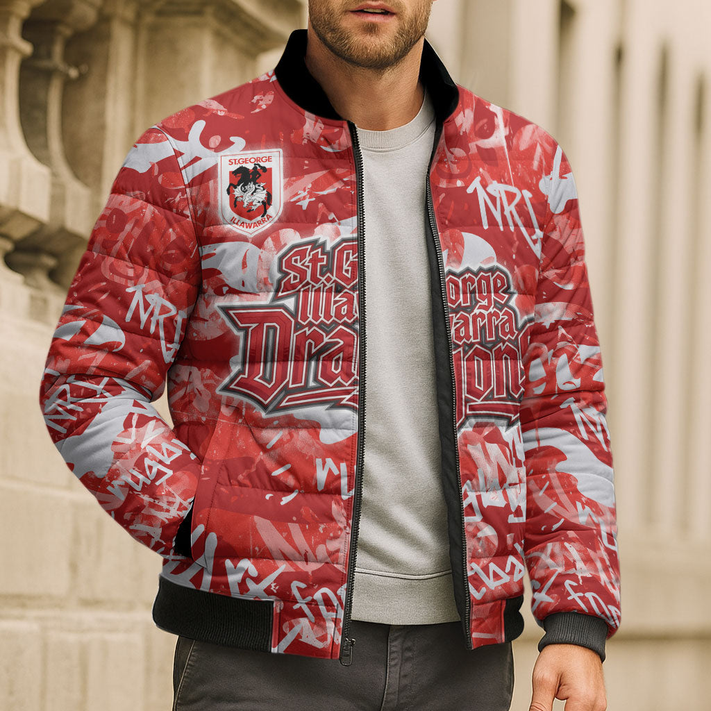 St. George Illawarra Dragons Rugby Bomber Puffer Jacket Graffiti Typography Urban Camo Abstract Street Style