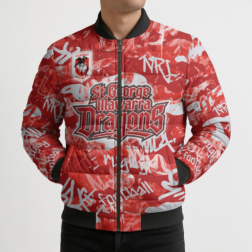 St. George Illawarra Dragons Rugby Bomber Puffer Jacket Graffiti Typography Urban Camo Abstract Street Style