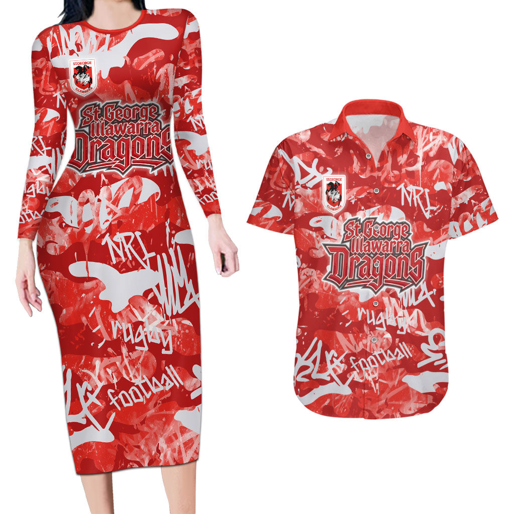 St. George Illawarra Dragons Rugby Couples Matching Long Sleeve Bodycon Dress and Hawaiian Shirt Graffiti Typography Urban Camo Abstract Street Style