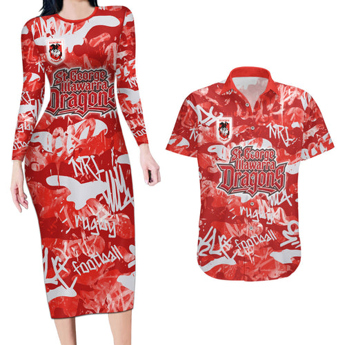 St. George Illawarra Dragons Rugby Couples Matching Long Sleeve Bodycon Dress and Hawaiian Shirt Graffiti Typography Urban Camo Abstract Street Style