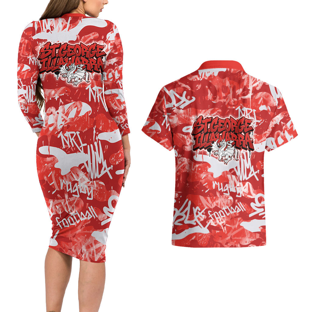 St. George Illawarra Dragons Rugby Couples Matching Long Sleeve Bodycon Dress and Hawaiian Shirt Graffiti Typography Urban Camo Abstract Street Style