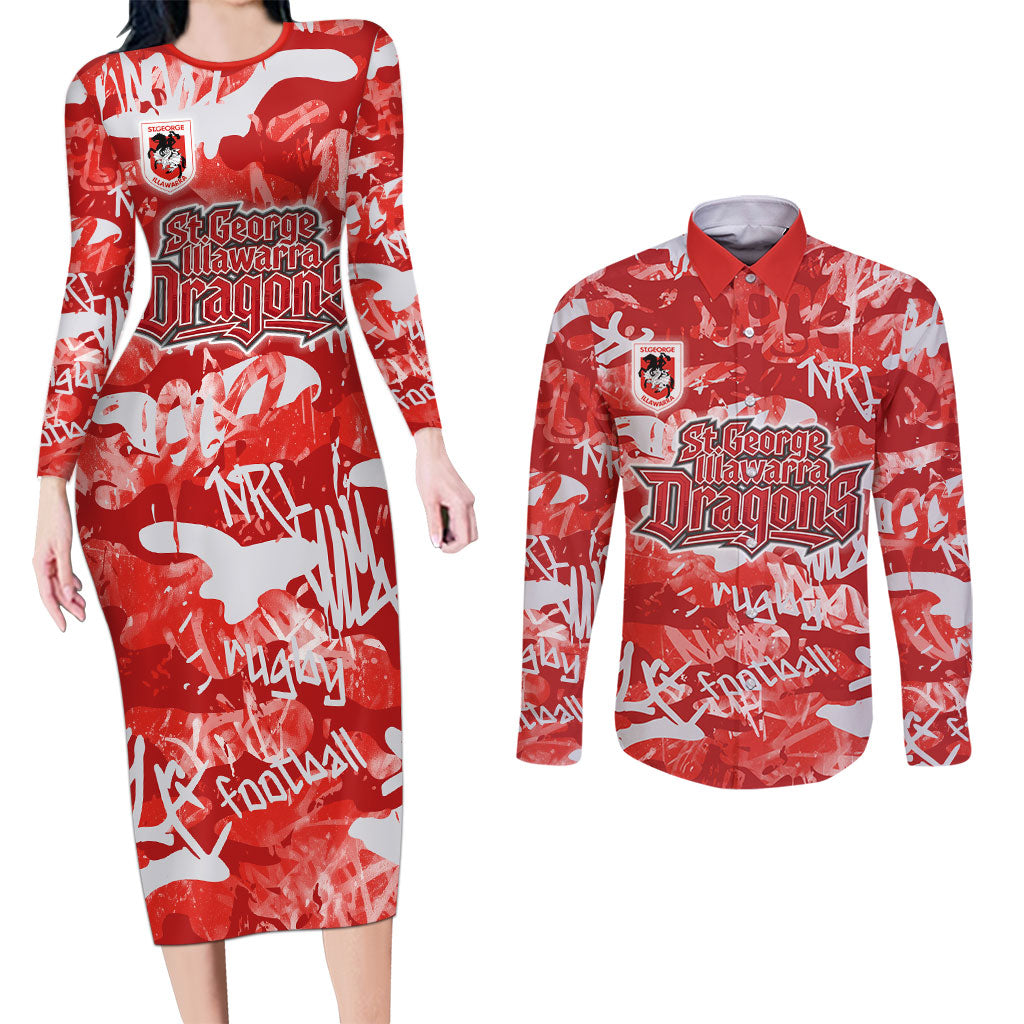 St. George Illawarra Dragons Rugby Couples Matching Long Sleeve Bodycon Dress and Long Sleeve Button Shirt Graffiti Typography Urban Camo Abstract Street Style