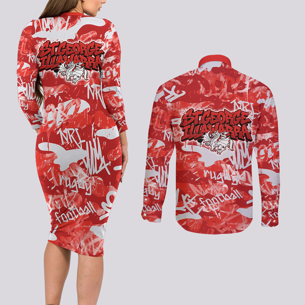 St. George Illawarra Dragons Rugby Couples Matching Long Sleeve Bodycon Dress and Long Sleeve Button Shirt Graffiti Typography Urban Camo Abstract Street Style