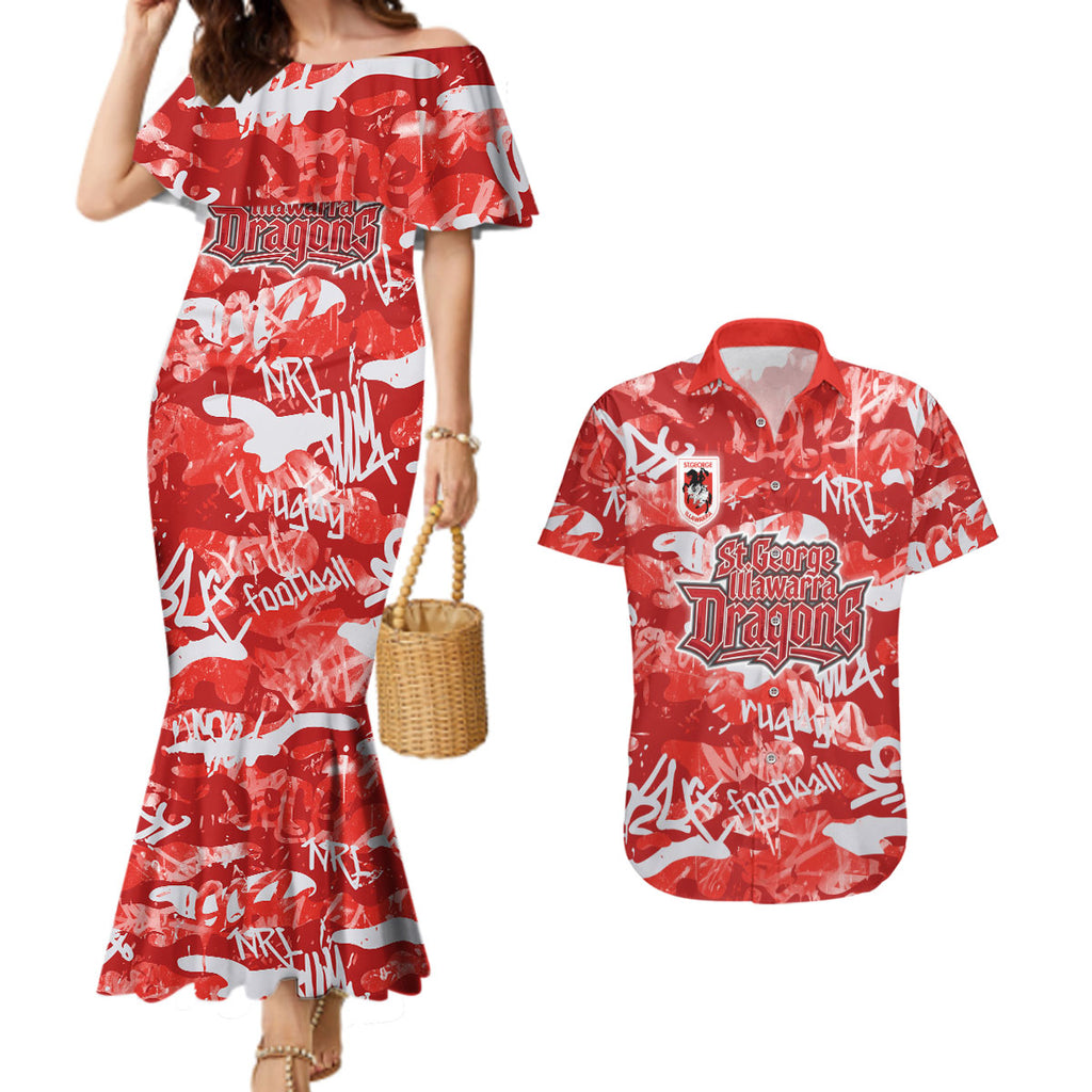 St. George Illawarra Dragons Rugby Couples Matching Mermaid Dress and Hawaiian Shirt Graffiti Typography Urban Camo Abstract Street Style