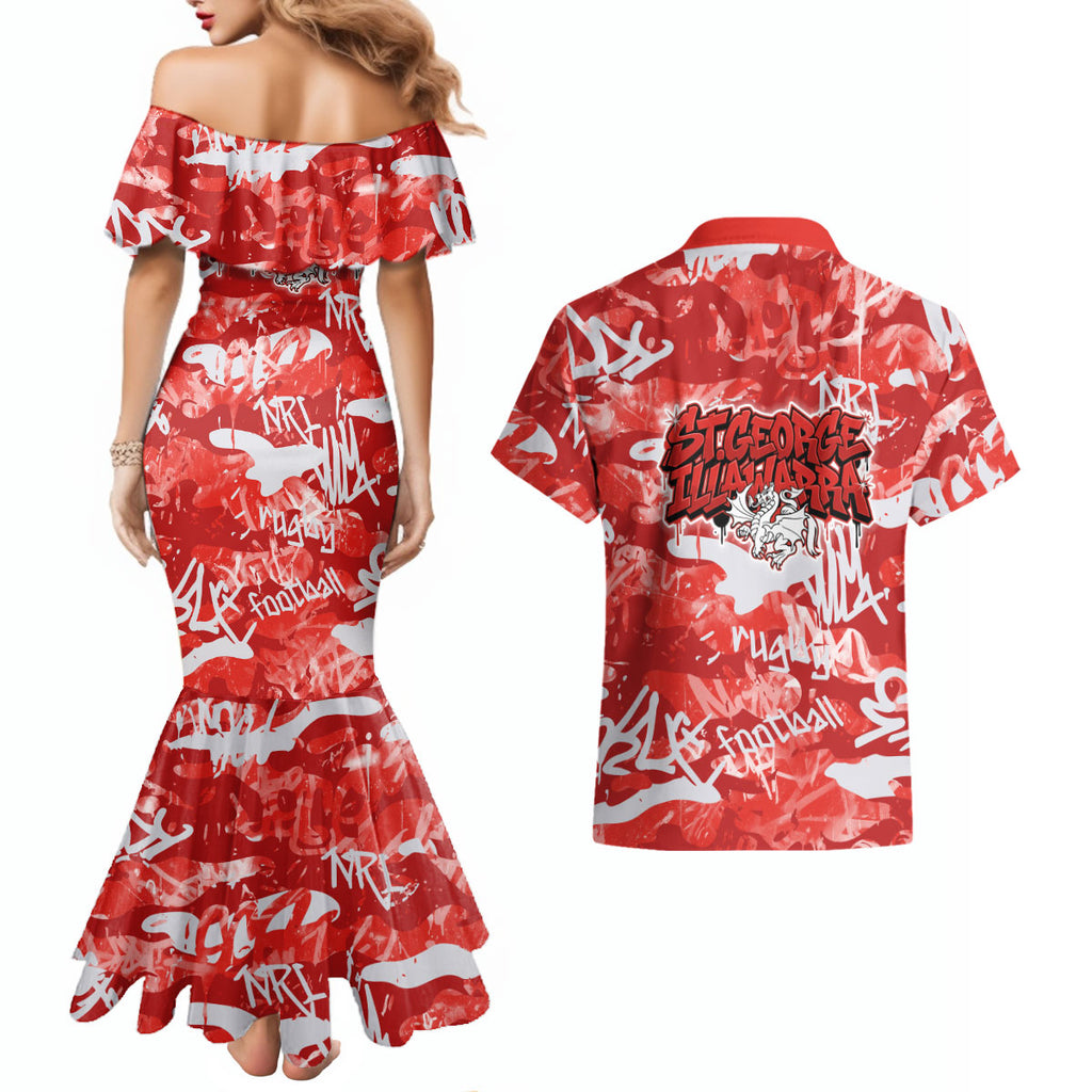 St. George Illawarra Dragons Rugby Couples Matching Mermaid Dress and Hawaiian Shirt Graffiti Typography Urban Camo Abstract Street Style