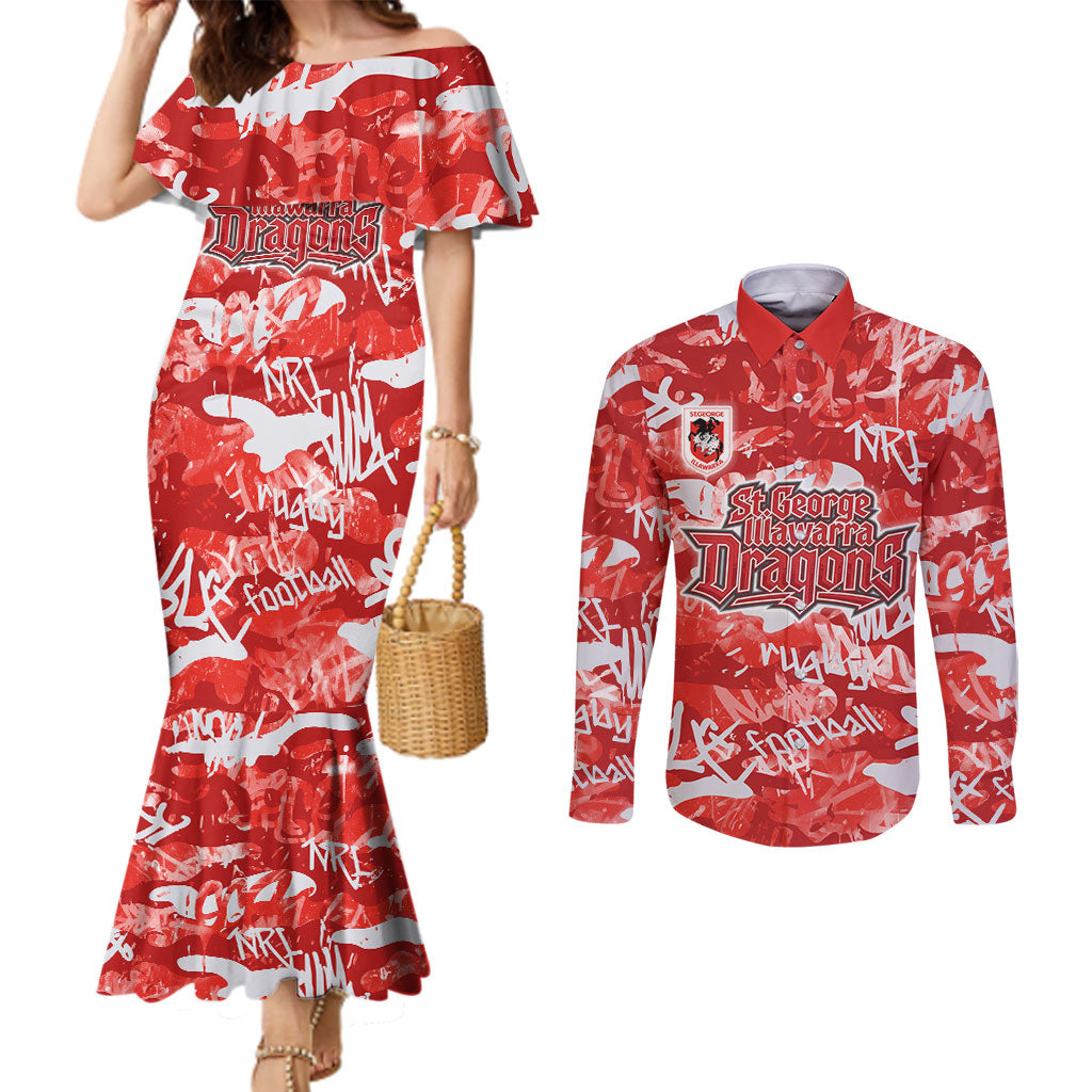 St. George Illawarra Dragons Rugby Couples Matching Mermaid Dress and Long Sleeve Button Shirt Graffiti Typography Urban Camo Abstract Street Style