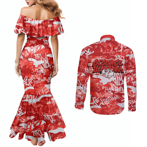 St. George Illawarra Dragons Rugby Couples Matching Mermaid Dress and Long Sleeve Button Shirt Graffiti Typography Urban Camo Abstract Street Style