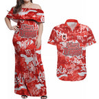 St. George Illawarra Dragons Rugby Couples Matching Off Shoulder Maxi Dress and Hawaiian Shirt Graffiti Typography Urban Camo Abstract Street Style