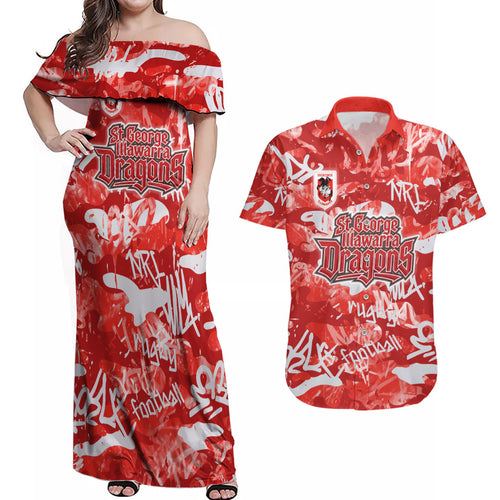 St. George Illawarra Dragons Rugby Couples Matching Off Shoulder Maxi Dress and Hawaiian Shirt Graffiti Typography Urban Camo Abstract Street Style