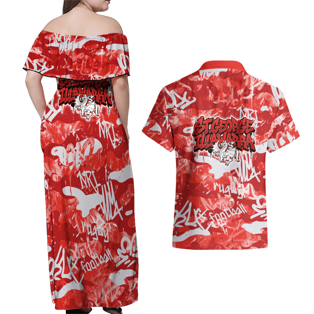 St. George Illawarra Dragons Rugby Couples Matching Off Shoulder Maxi Dress and Hawaiian Shirt Graffiti Typography Urban Camo Abstract Street Style
