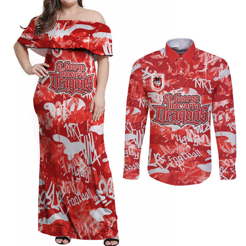 St. George Illawarra Dragons Rugby Couples Matching Off Shoulder Maxi Dress and Long Sleeve Button Shirt Graffiti Typography Urban Camo Abstract Street Style