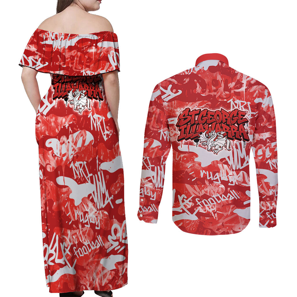 St. George Illawarra Dragons Rugby Couples Matching Off Shoulder Maxi Dress and Long Sleeve Button Shirt Graffiti Typography Urban Camo Abstract Street Style