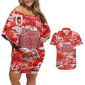 St. George Illawarra Dragons Rugby Couples Matching Off Shoulder Short Dress and Hawaiian Shirt Graffiti Typography Urban Camo Abstract Street Style