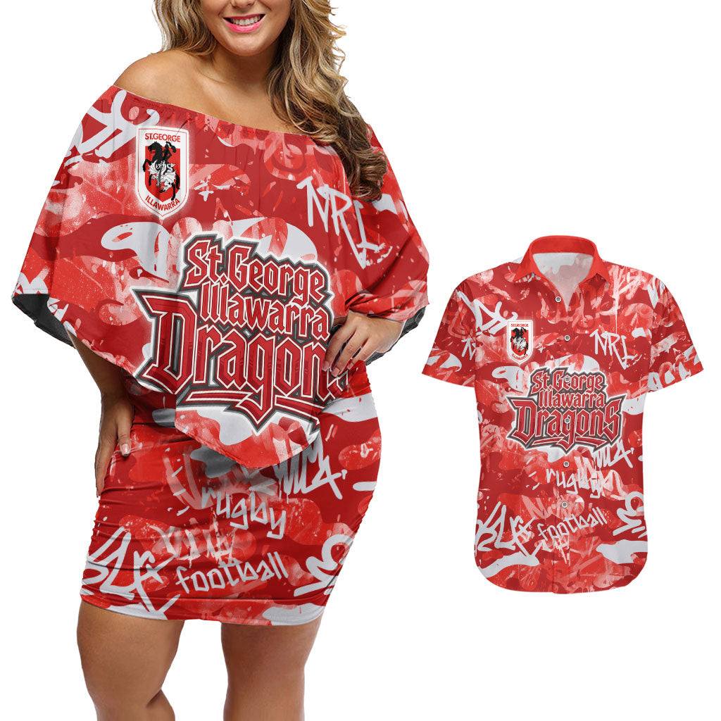 St. George Illawarra Dragons Rugby Couples Matching Off Shoulder Short Dress and Hawaiian Shirt Graffiti Typography Urban Camo Abstract Street Style