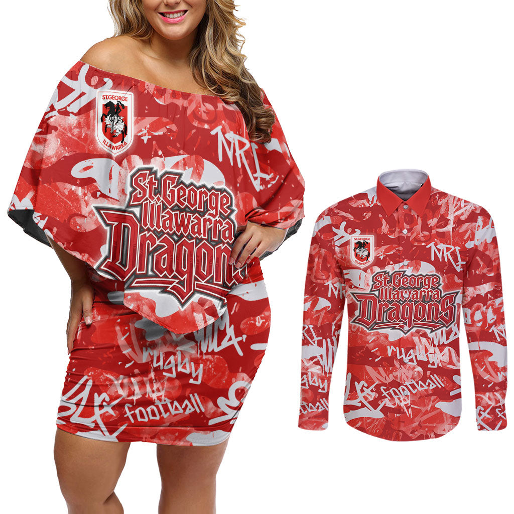 St. George Illawarra Dragons Rugby Couples Matching Off Shoulder Short Dress and Long Sleeve Button Shirt Graffiti Typography Urban Camo Abstract Street Style