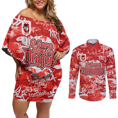 St. George Illawarra Dragons Rugby Couples Matching Off Shoulder Short Dress and Long Sleeve Button Shirt Graffiti Typography Urban Camo Abstract Street Style
