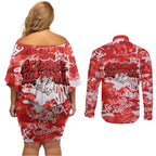 St. George Illawarra Dragons Rugby Couples Matching Off Shoulder Short Dress and Long Sleeve Button Shirt Graffiti Typography Urban Camo Abstract Street Style