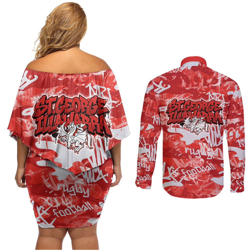 St. George Illawarra Dragons Rugby Couples Matching Off Shoulder Short Dress and Long Sleeve Button Shirt Graffiti Typography Urban Camo Abstract Street Style