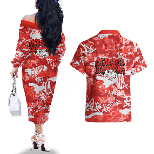 St. George Illawarra Dragons Rugby Couples Matching Off The Shoulder Long Sleeve Dress and Hawaiian Shirt Graffiti Typography Urban Camo Abstract Street Style