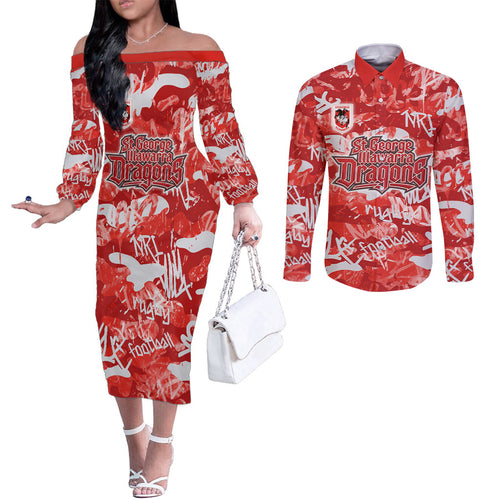St. George Illawarra Dragons Rugby Couples Matching Off The Shoulder Long Sleeve Dress and Long Sleeve Button Shirt Graffiti Typography Urban Camo Abstract Street Style