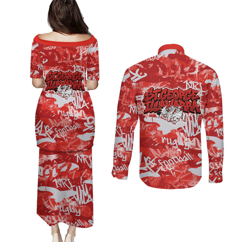 St. George Illawarra Dragons Rugby Couples Matching Puletasi and Long Sleeve Button Shirt Graffiti Typography Urban Camo Abstract Street Style