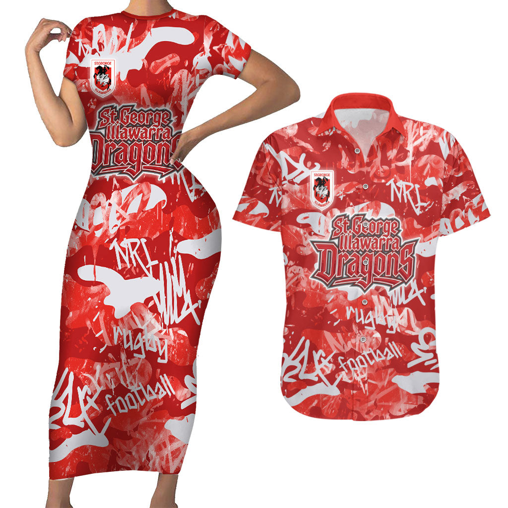 St. George Illawarra Dragons Rugby Couples Matching Short Sleeve Bodycon Dress and Hawaiian Shirt Graffiti Typography Urban Camo Abstract Street Style