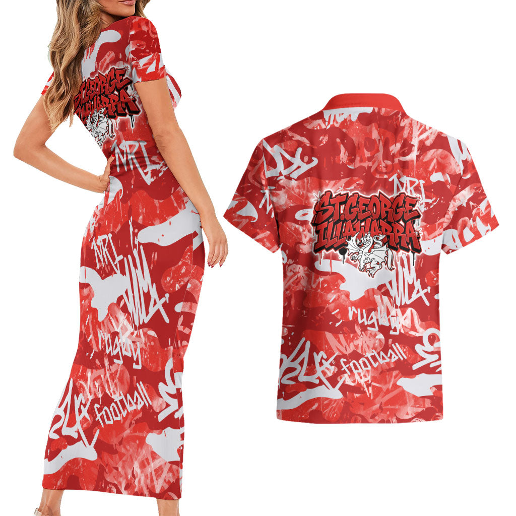 St. George Illawarra Dragons Rugby Couples Matching Short Sleeve Bodycon Dress and Hawaiian Shirt Graffiti Typography Urban Camo Abstract Street Style