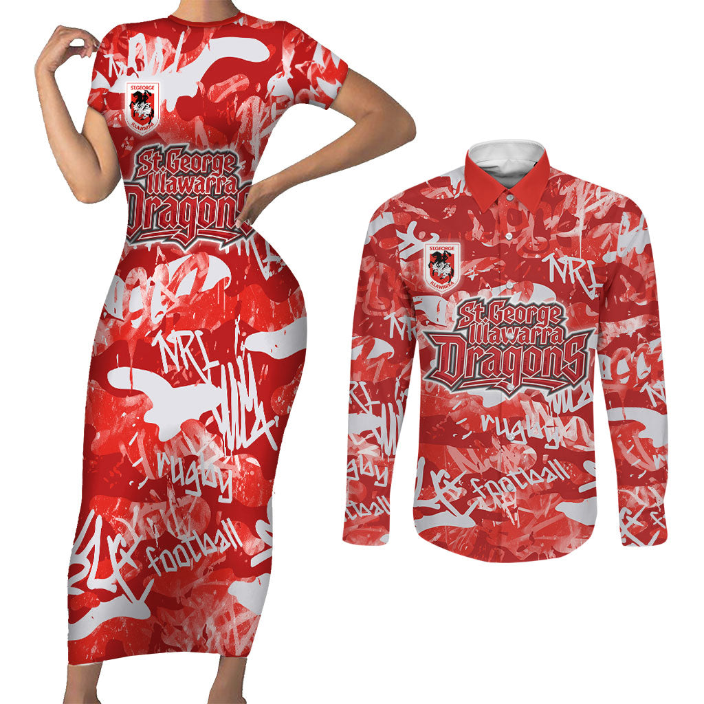 St. George Illawarra Dragons Rugby Couples Matching Short Sleeve Bodycon Dress and Long Sleeve Button Shirt Graffiti Typography Urban Camo Abstract Street Style