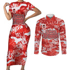 St. George Illawarra Dragons Rugby Couples Matching Short Sleeve Bodycon Dress and Long Sleeve Button Shirt Graffiti Typography Urban Camo Abstract Street Style