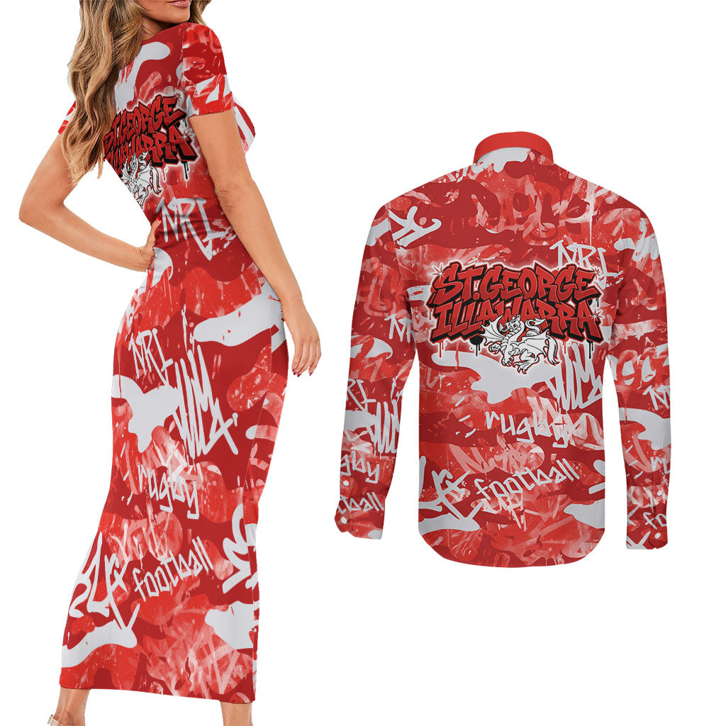 St. George Illawarra Dragons Rugby Couples Matching Short Sleeve Bodycon Dress and Long Sleeve Button Shirt Graffiti Typography Urban Camo Abstract Street Style