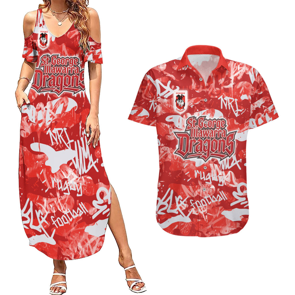 St. George Illawarra Dragons Rugby Couples Matching Summer Maxi Dress and Hawaiian Shirt Graffiti Typography Urban Camo Abstract Street Style