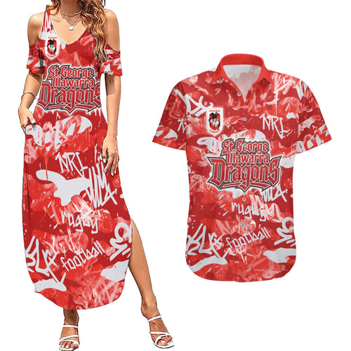 St. George Illawarra Dragons Rugby Couples Matching Summer Maxi Dress and Hawaiian Shirt Graffiti Typography Urban Camo Abstract Street Style