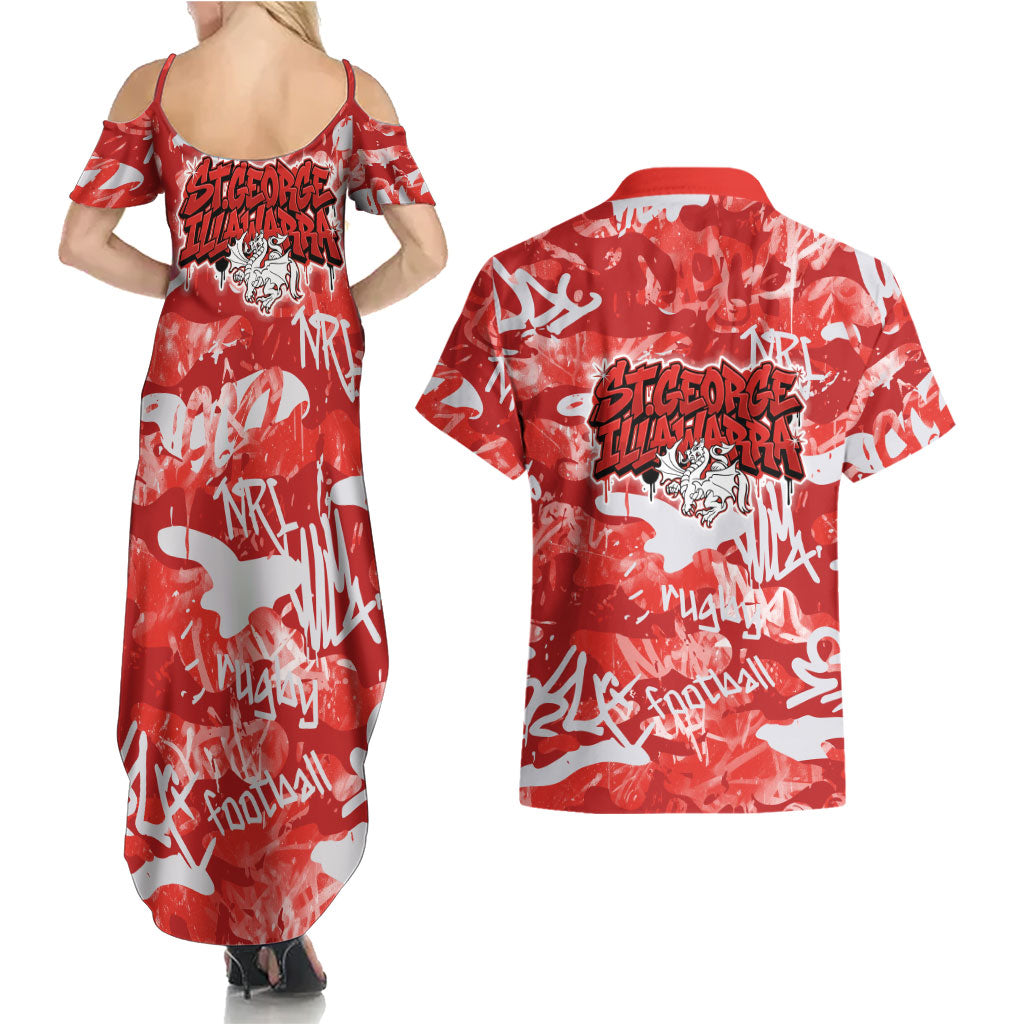 St. George Illawarra Dragons Rugby Couples Matching Summer Maxi Dress and Hawaiian Shirt Graffiti Typography Urban Camo Abstract Street Style