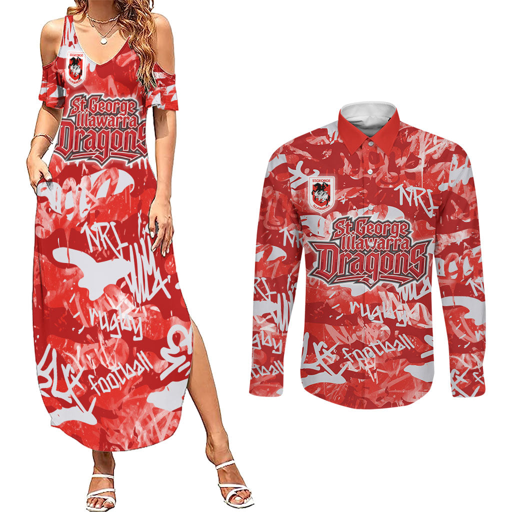 St. George Illawarra Dragons Rugby Couples Matching Summer Maxi Dress and Long Sleeve Button Shirt Graffiti Typography Urban Camo Abstract Street Style