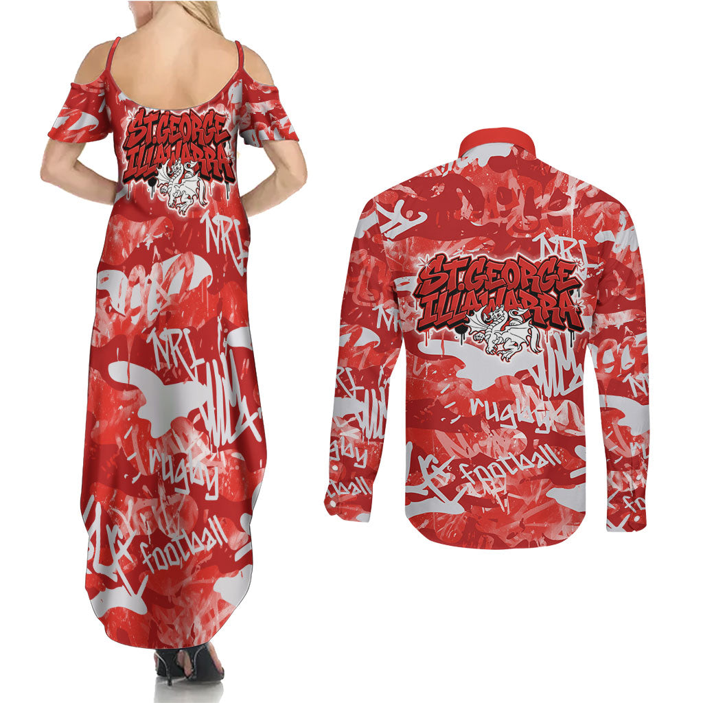 St. George Illawarra Dragons Rugby Couples Matching Summer Maxi Dress and Long Sleeve Button Shirt Graffiti Typography Urban Camo Abstract Street Style