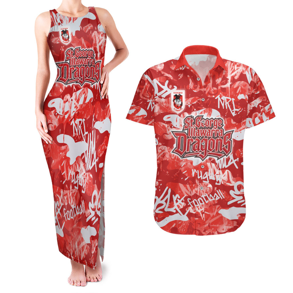 St. George Illawarra Dragons Rugby Couples Matching Tank Maxi Dress and Hawaiian Shirt Graffiti Typography Urban Camo Abstract Street Style