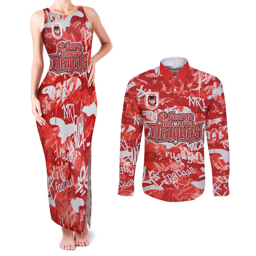 St. George Illawarra Dragons Rugby Couples Matching Tank Maxi Dress and Long Sleeve Button Shirt Graffiti Typography Urban Camo Abstract Street Style