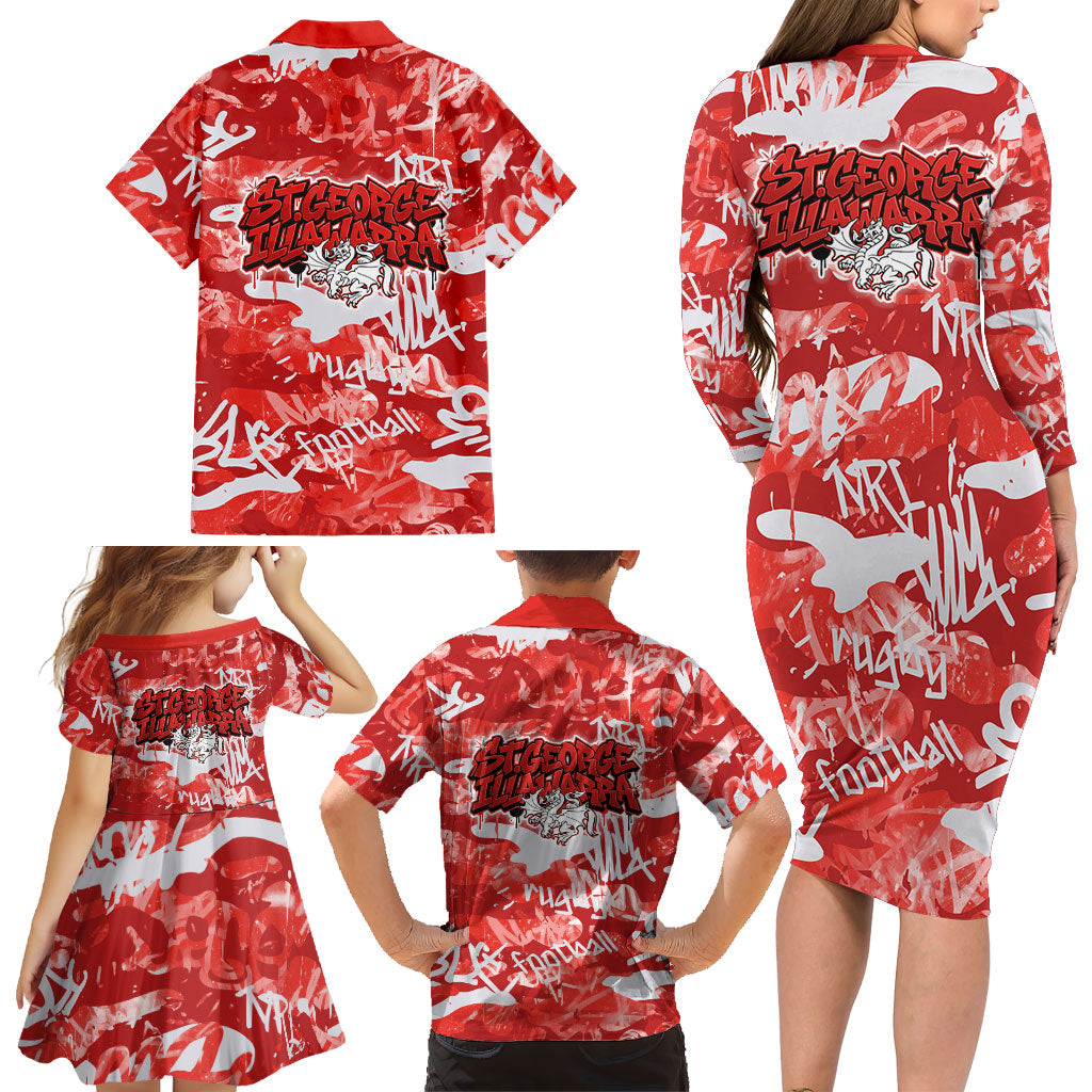 St. George Illawarra Dragons Rugby Family Matching Long Sleeve Bodycon Dress and Hawaiian Shirt Graffiti Typography Urban Camo Abstract Street Style