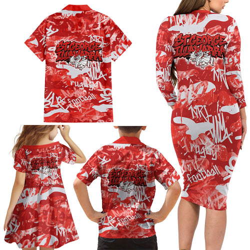 St. George Illawarra Dragons Rugby Family Matching Long Sleeve Bodycon Dress and Hawaiian Shirt Graffiti Typography Urban Camo Abstract Street Style